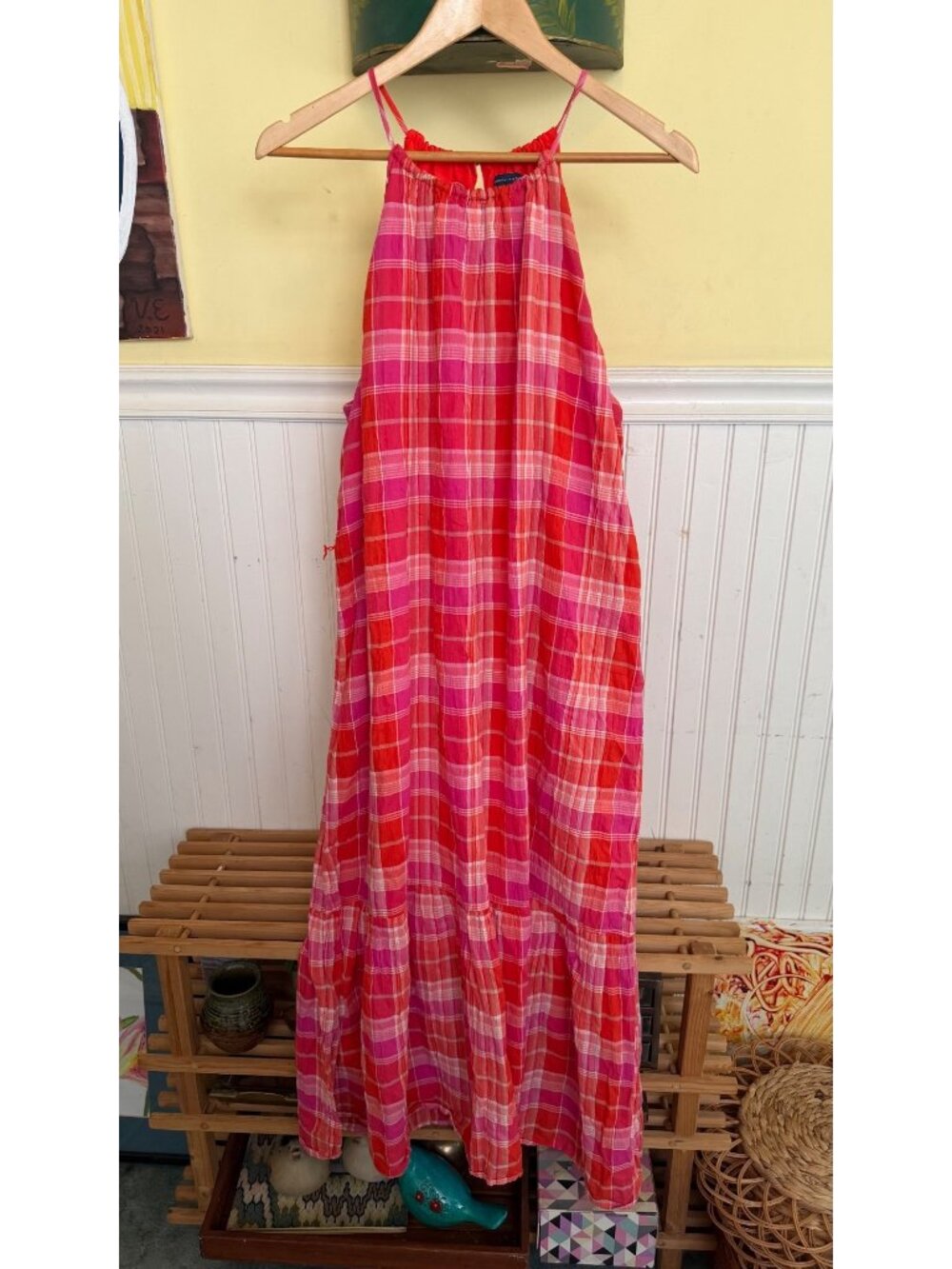 Tommy Hilfiger Womens Red & Pink Plaid Halter Maxi Dress Size 14 Lightweight